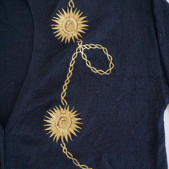Vintage Maggie Lawrence Navy Gold Sun Chain Embroidered Knit Cardigan 22/24 - Picture 5 of 13